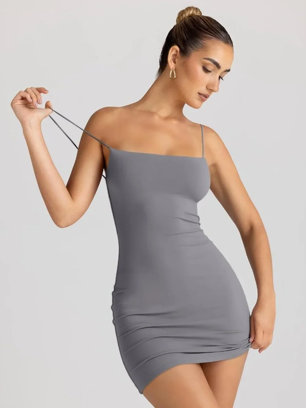 Women's Mini Dress Dark Gray Square Neck Sleeveless Casual Bodycon Summer Soft